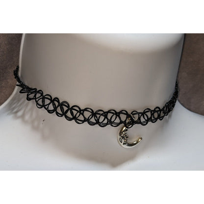 Black Stretch Tattoo Choker With Man In The Moon Pendant 90s Retro Style Necklace