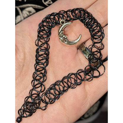 Black Stretch Tattoo Choker With Man In The Moon Pendant 90s Retro Style Necklace