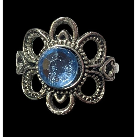 Floral Silver Tone Blue Gemmed Fashion Ring Size 6