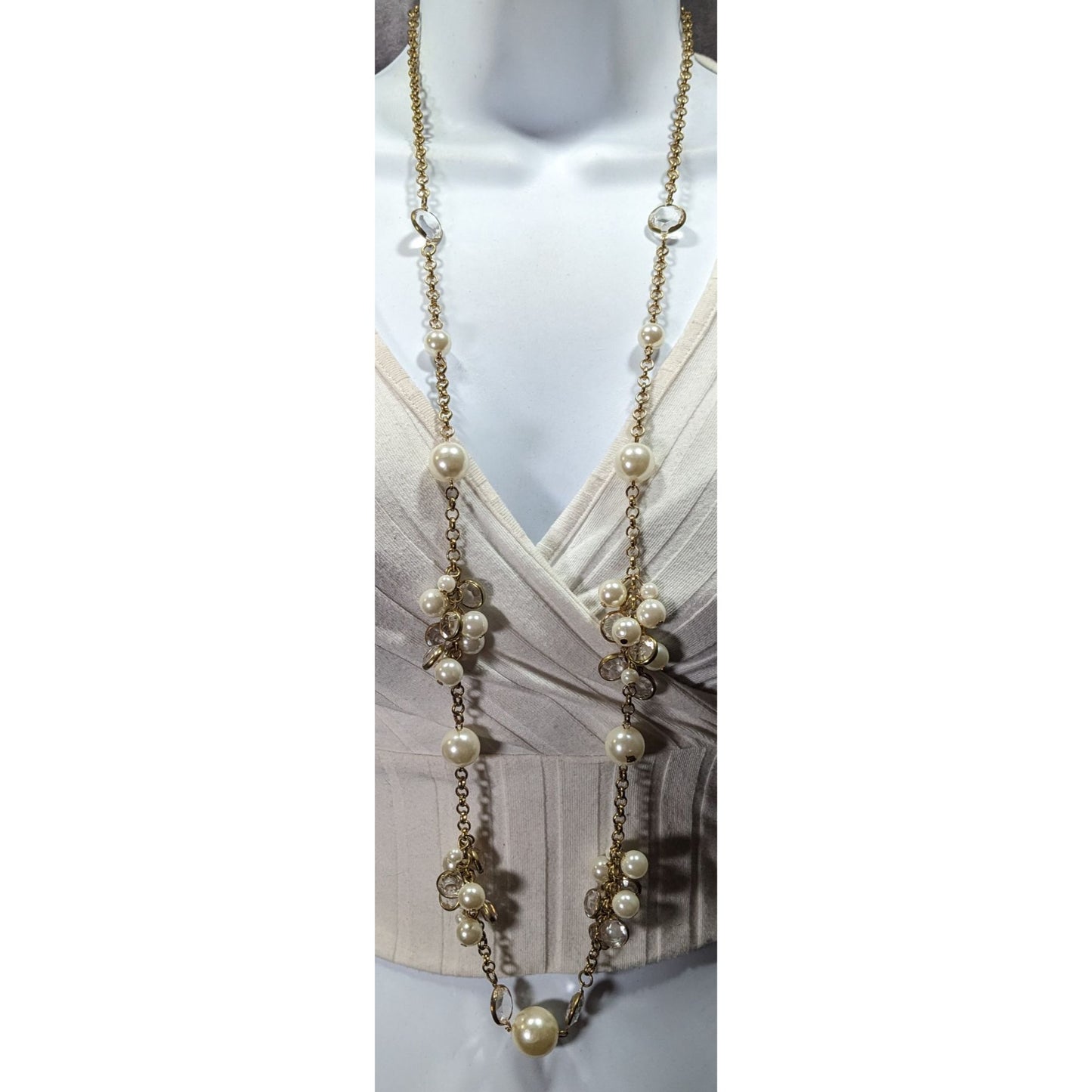 Elegant Glam Faux Pearl Cluster Gold Tone Opera Necklace