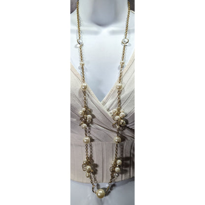 Elegant Glam Faux Pearl Cluster Gold Tone Opera Necklace