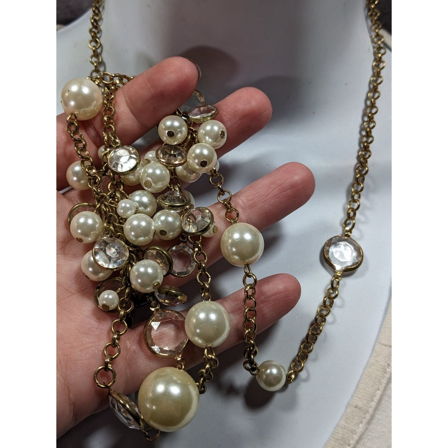 Elegant Glam Faux Pearl Cluster Gold Tone Opera Necklace