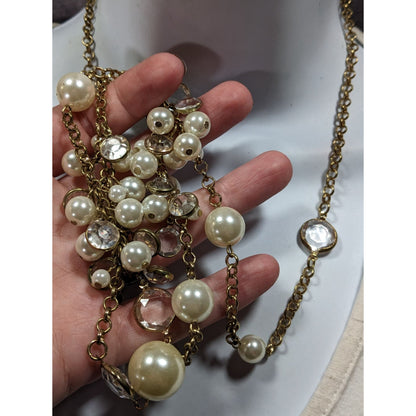 Elegant Glam Faux Pearl Cluster Gold Tone Opera Necklace