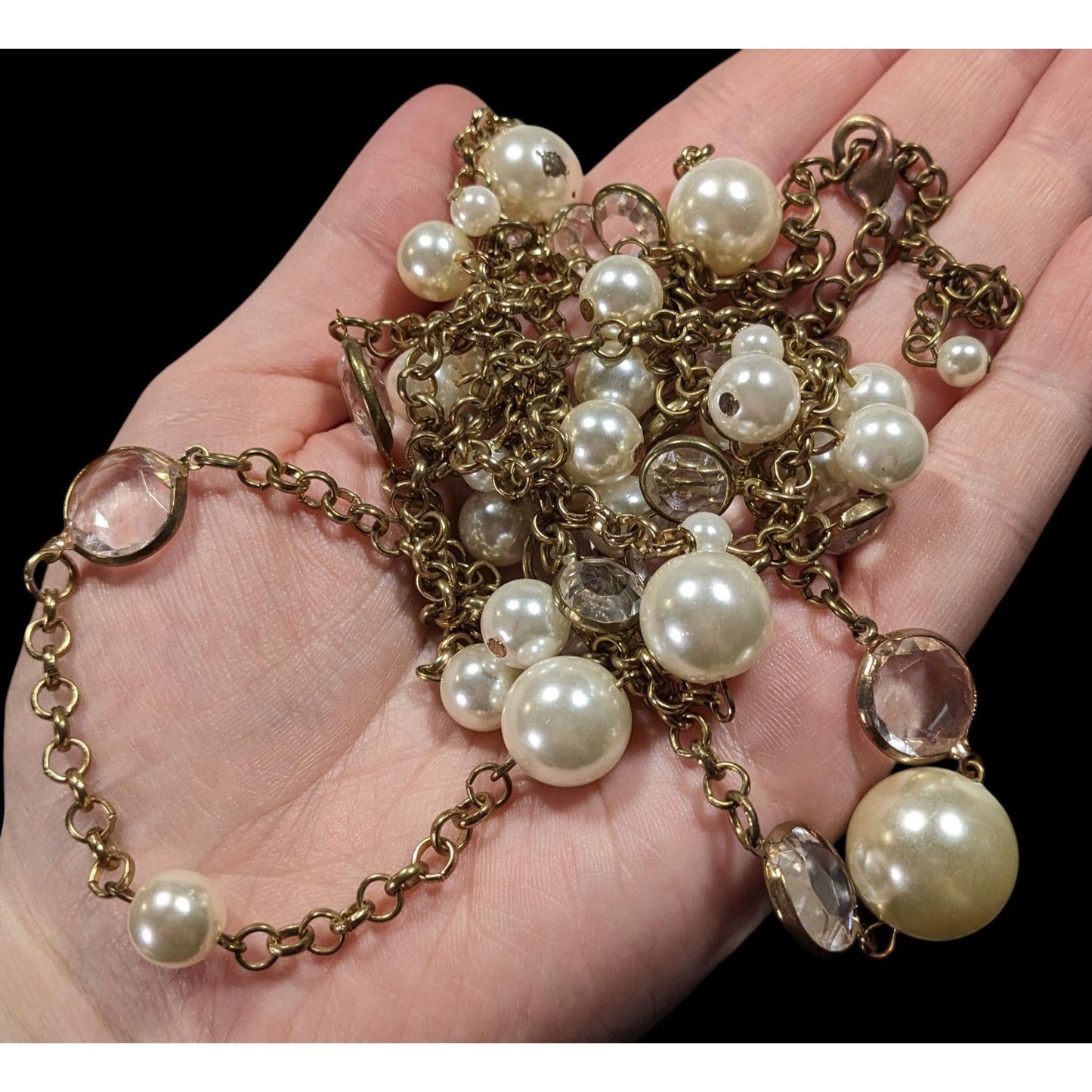 Elegant Glam Faux Pearl Cluster Gold Tone Opera Necklace