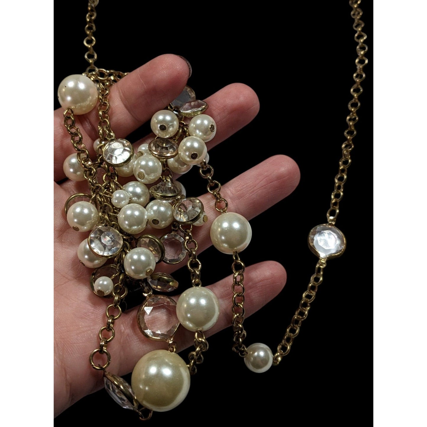 Elegant Glam Faux Pearl Cluster Gold Tone Opera Necklace