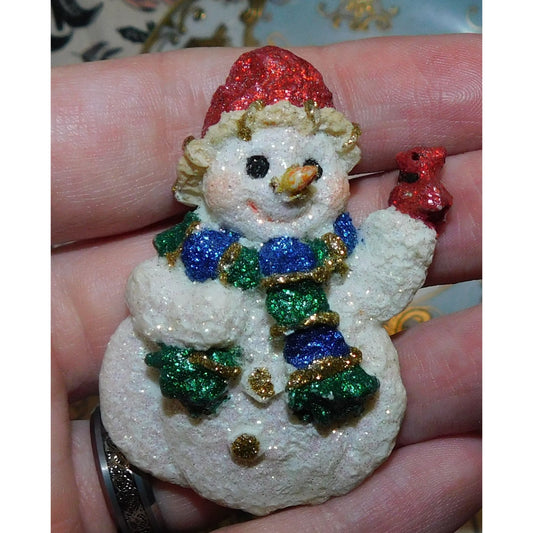 Glitter Snowman Holding Red Bird Brooch