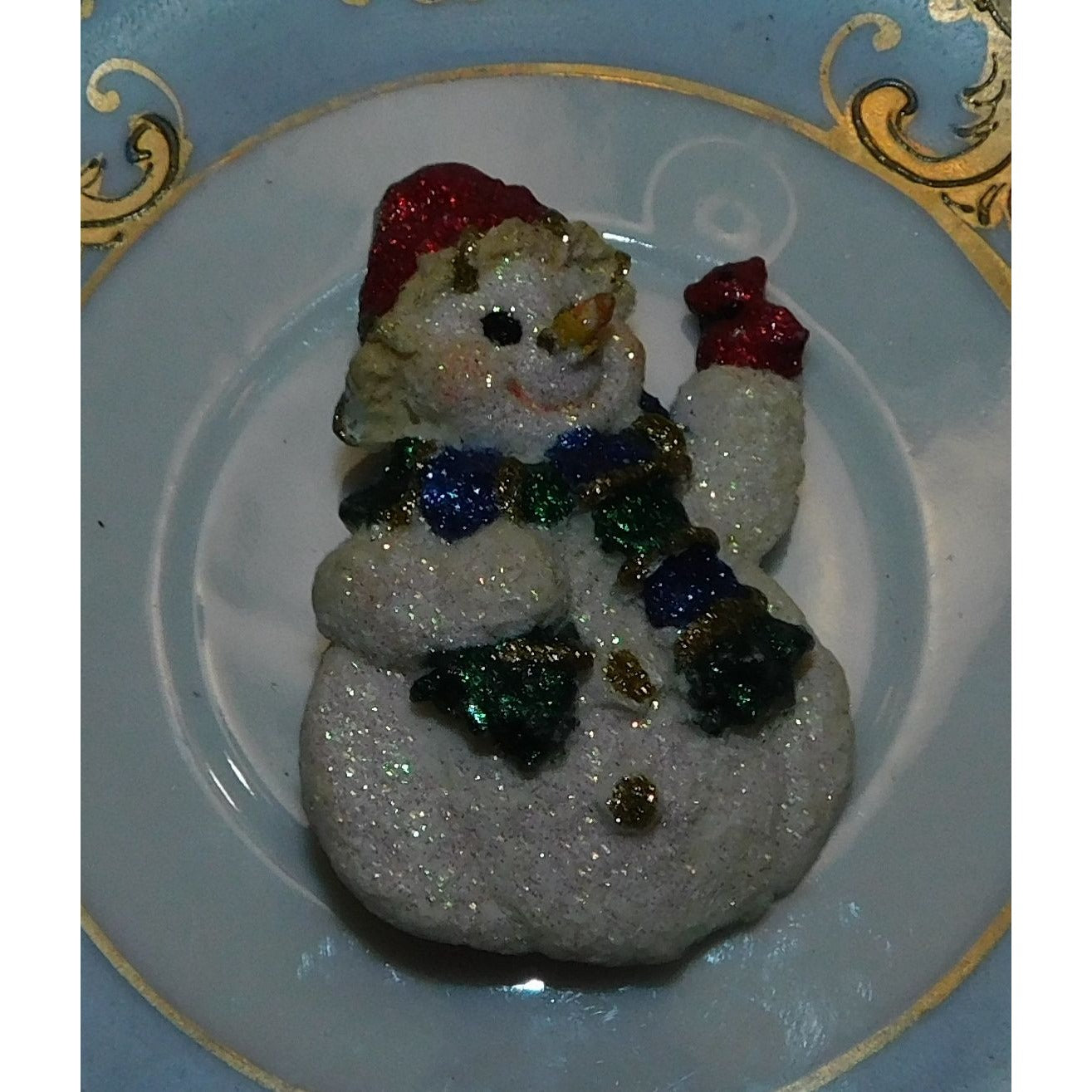 Glitter Snowman Holding Red Bird Brooch