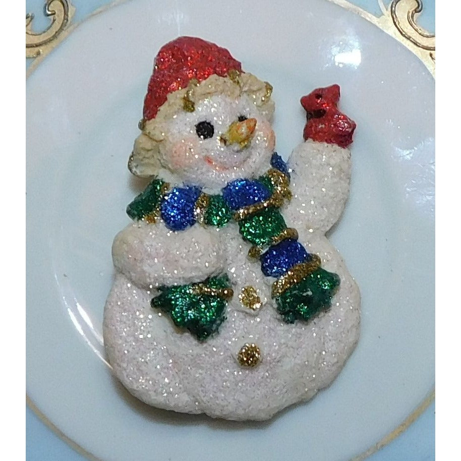 Glitter Snowman Holding Red Bird Brooch