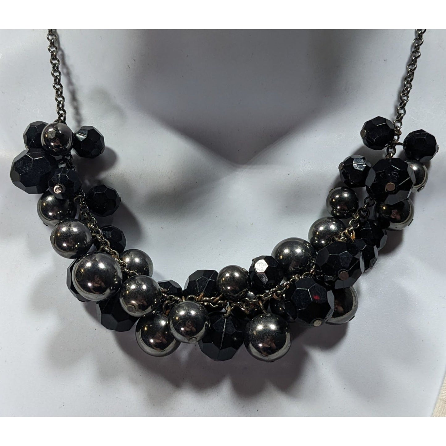 Glam Goth Black And Silver Tone Beaded Cluster Necklace