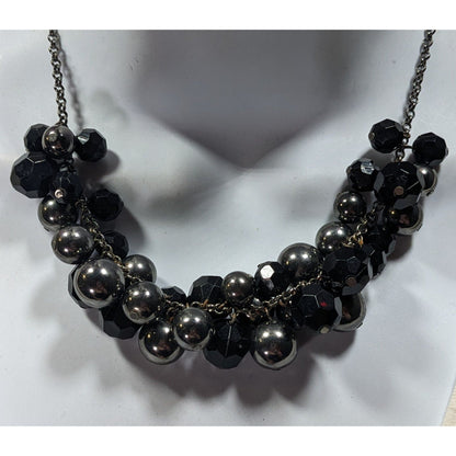 Glam Goth Black And Silver Tone Beaded Cluster Necklace