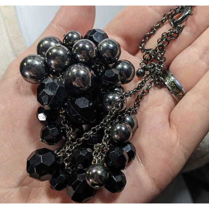 Glam Goth Black And Silver Tone Beaded Cluster Necklace