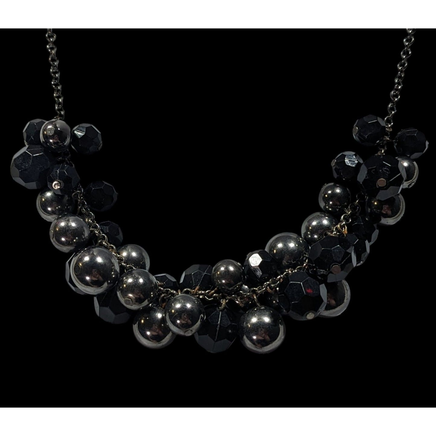 Glam Goth Black And Silver Tone Beaded Cluster Necklace