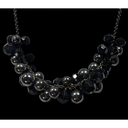 Glam Goth Black And Silver Tone Beaded Cluster Necklace