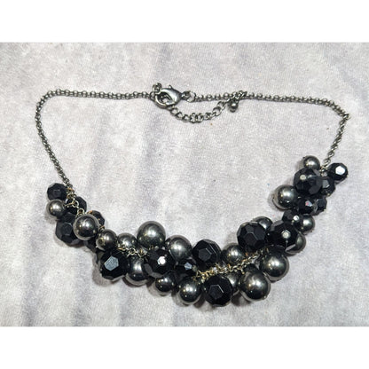 Glam Goth Black And Silver Tone Beaded Cluster Necklace