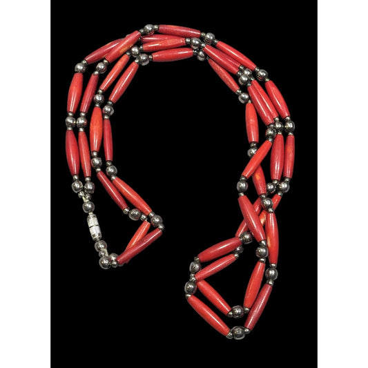 Vintage Red Coral And Silver Tone Beaded Necklace