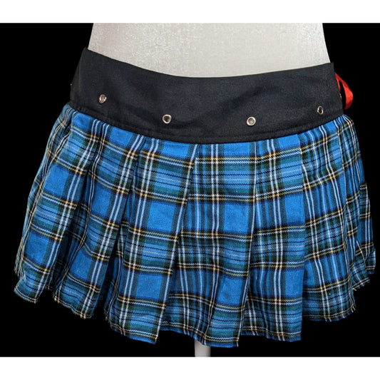 Gothic Punk Blue Plaid Pleated Tie On Mini Skirt
