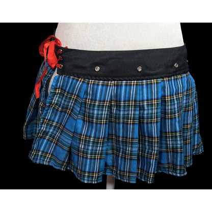 Gothic Punk Blue Plaid Pleated Tie On Mini Skirt