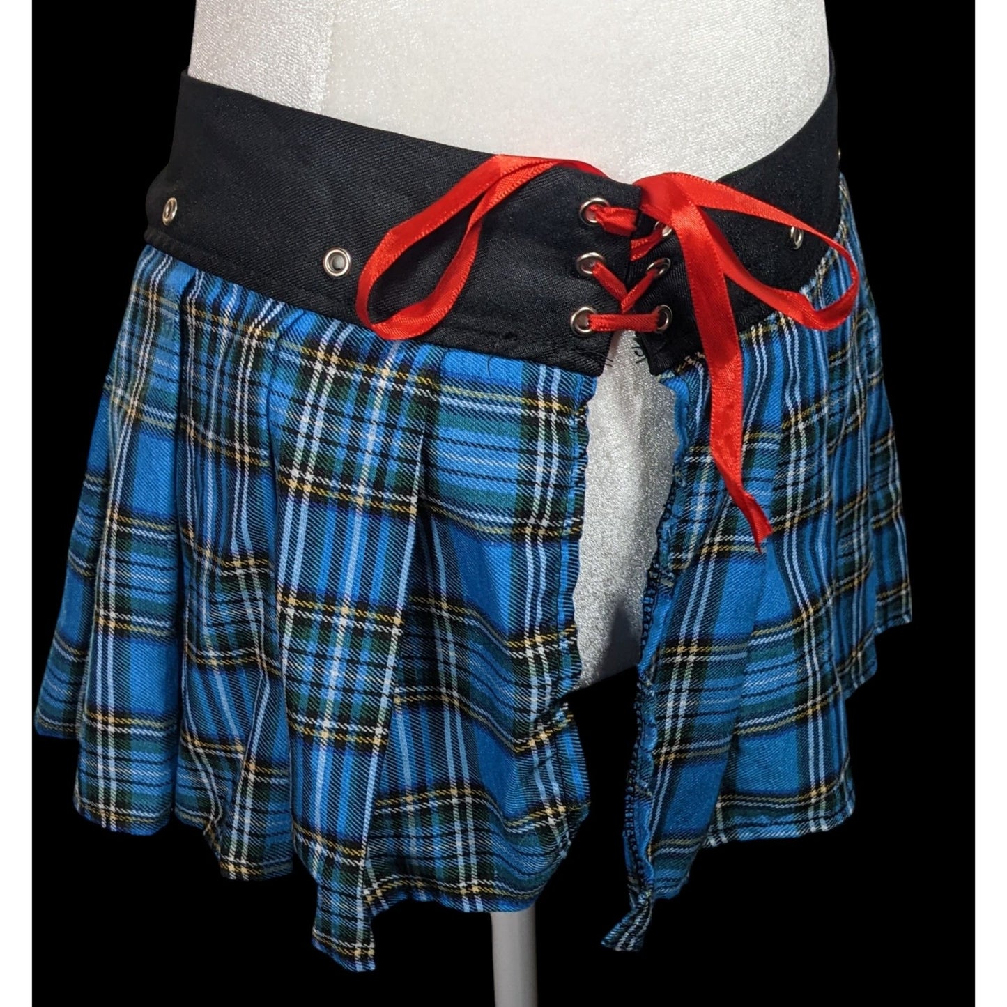 Gothic Punk Blue Plaid Pleated Tie On Mini Skirt
