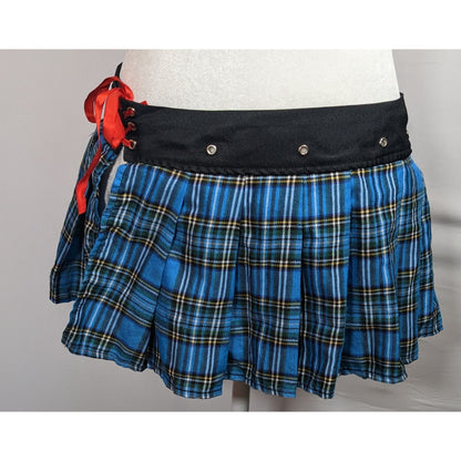 Gothic Punk Blue Plaid Pleated Tie On Mini Skirt