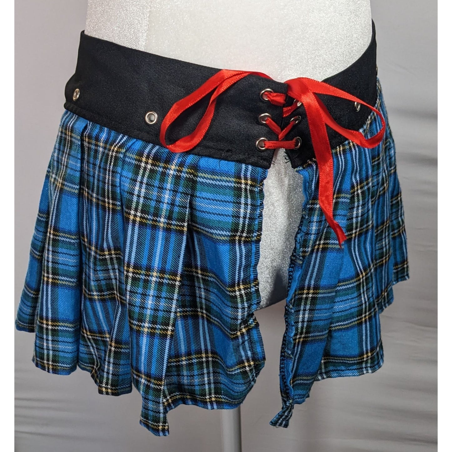 Gothic Punk Blue Plaid Pleated Tie On Mini Skirt