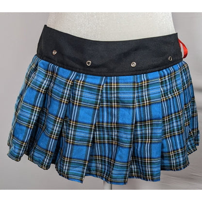 Gothic Punk Blue Plaid Pleated Tie On Mini Skirt