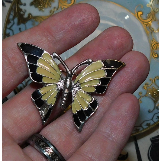Vintage Black And Beige Butterfly Brooch