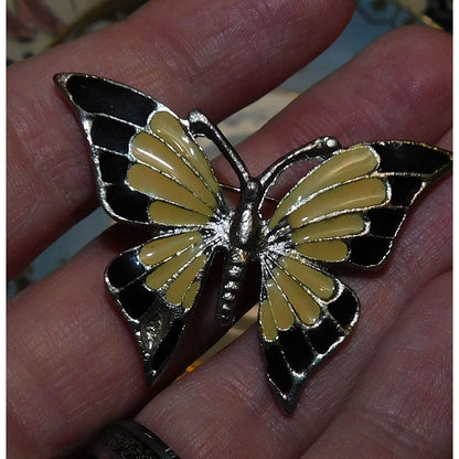 Vintage Black And Beige Butterfly Brooch