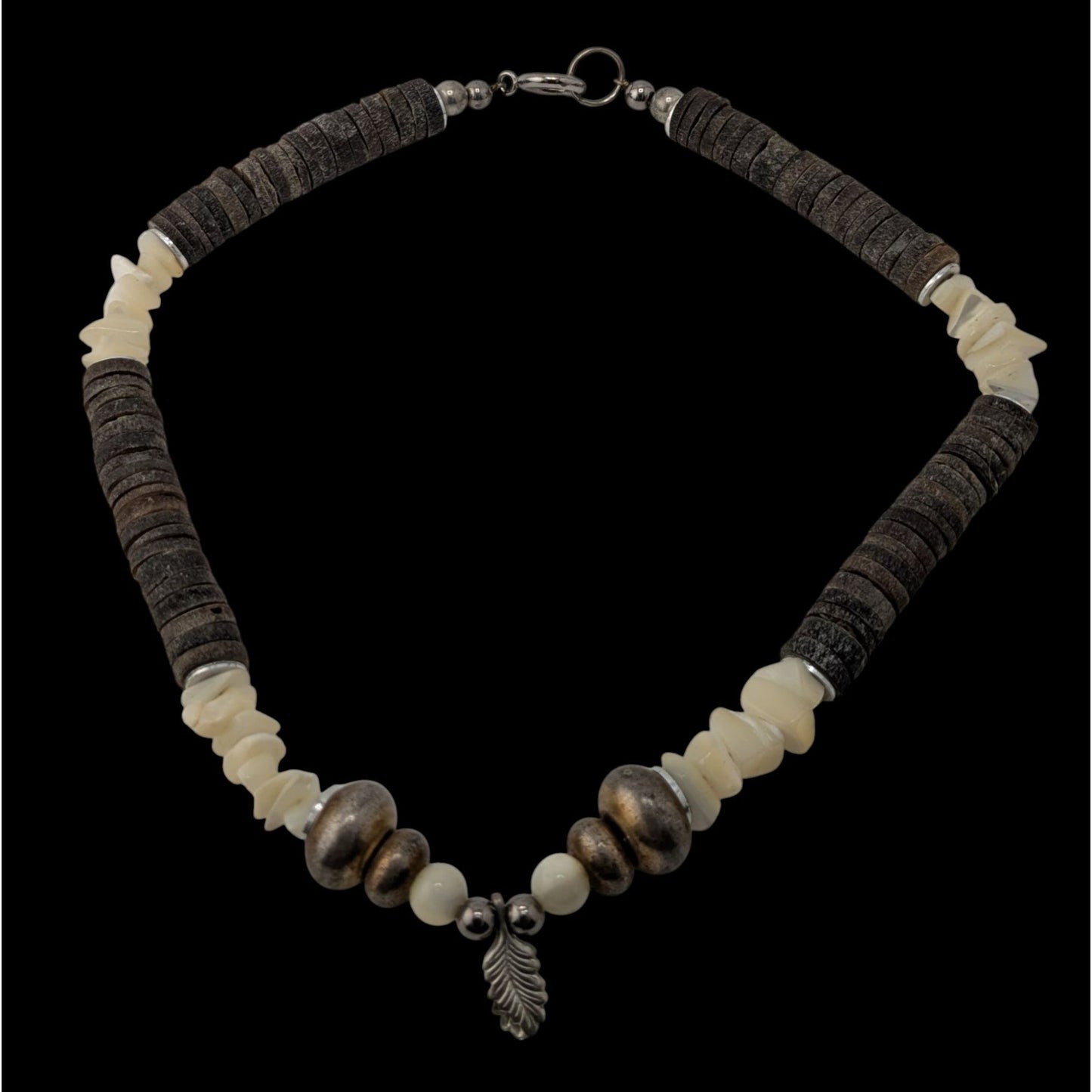 Vintage Beachy Santo Domingo Heishi Necklace With Shell And Mother Of Pearl Beads Featuring A Silver Feather Accent