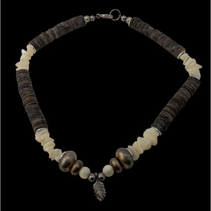 Vintage Beachy Santo Domingo Heishi Necklace With Shell And Mother Of Pearl Beads Featuring A Silver Feather Accent