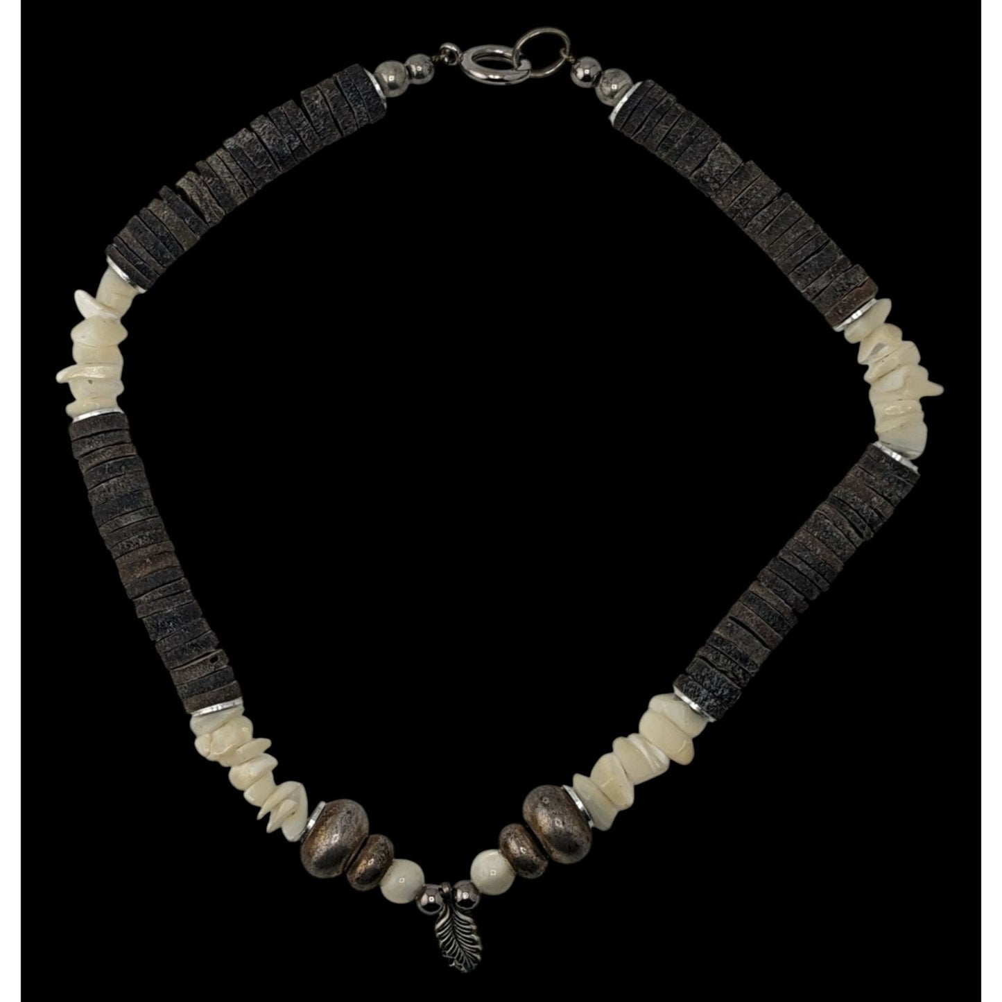 Vintage Beachy Santo Domingo Heishi Necklace With Shell And Mother Of Pearl Beads Featuring A Silver Feather Accent