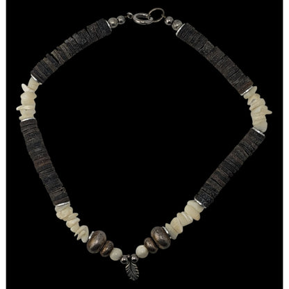 Vintage Beachy Santo Domingo Heishi Necklace With Shell And Mother Of Pearl Beads Featuring A Silver Feather Accent