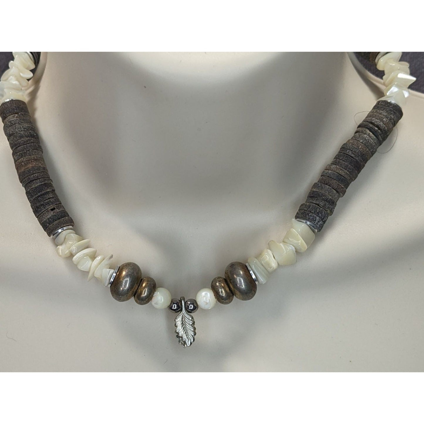Vintage Beachy Santo Domingo Heishi Necklace With Shell And Mother Of Pearl Beads Featuring A Silver Feather Accent