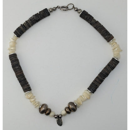 Vintage Beachy Santo Domingo Heishi Necklace With Shell And Mother Of Pearl Beads Featuring A Silver Feather Accent