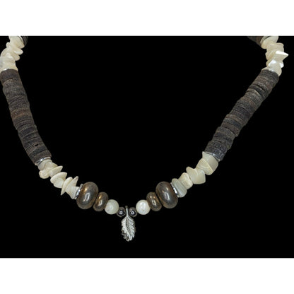 Vintage Beachy Santo Domingo Heishi Necklace With Shell And Mother Of Pearl Beads Featuring A Silver Feather Accent