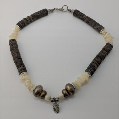 Vintage Beachy Santo Domingo Heishi Necklace With Shell And Mother Of Pearl Beads Featuring A Silver Feather Accent