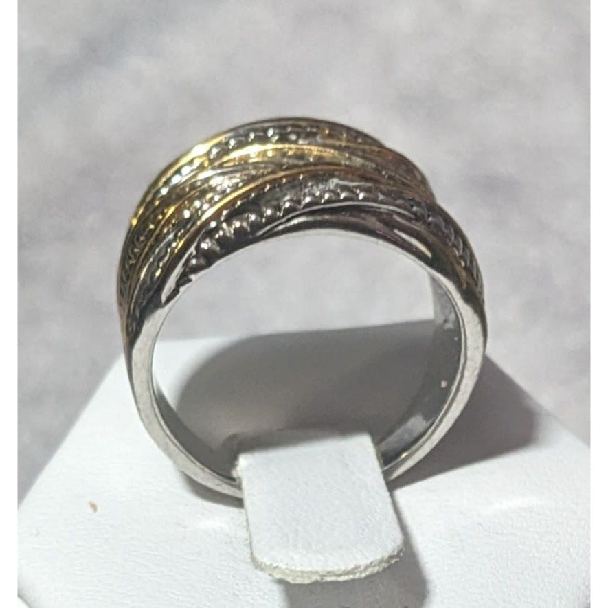 Brutalist Silver And Gold Tone Crossover Look Fashion Ring Size 8