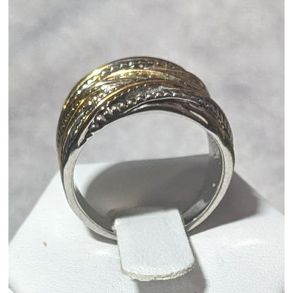 Brutalist Silver And Gold Tone Crossover Look Fashion Ring Size 8