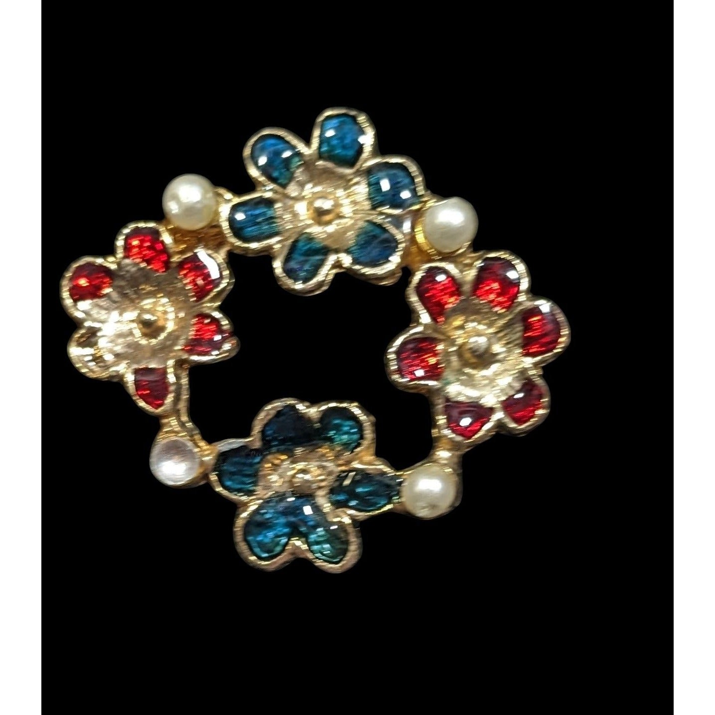 Vintage Floral Red White And Gold With Pearl Accents Brooch