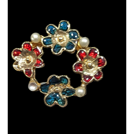 Vintage Floral Red White And Gold With Pearl Accents Brooch