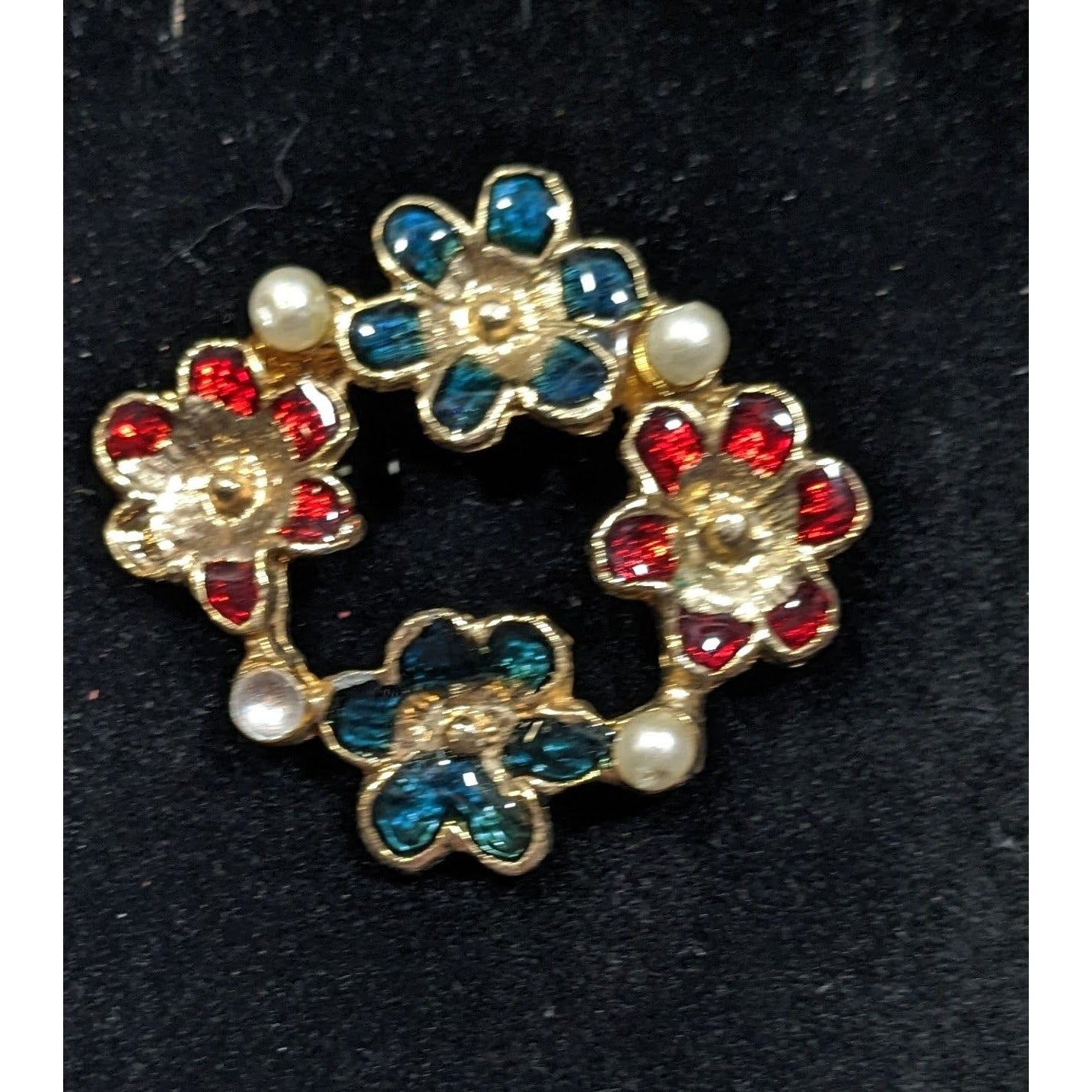 Vintage Floral Red White And Gold With Pearl Accents Brooch