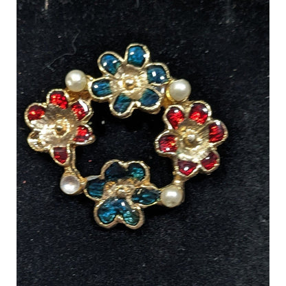 Vintage Floral Red White And Gold With Pearl Accents Brooch
