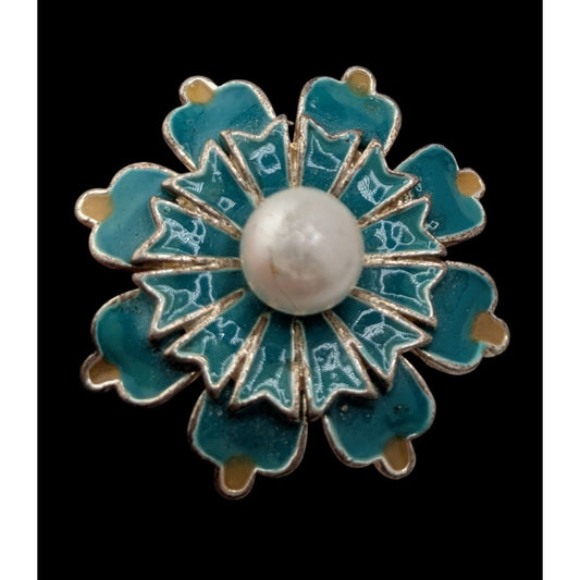 Vintage Cottagecore Flower Ring With Faux Pearl & Turquoise Enamel Accents Size 6 Adjustable
