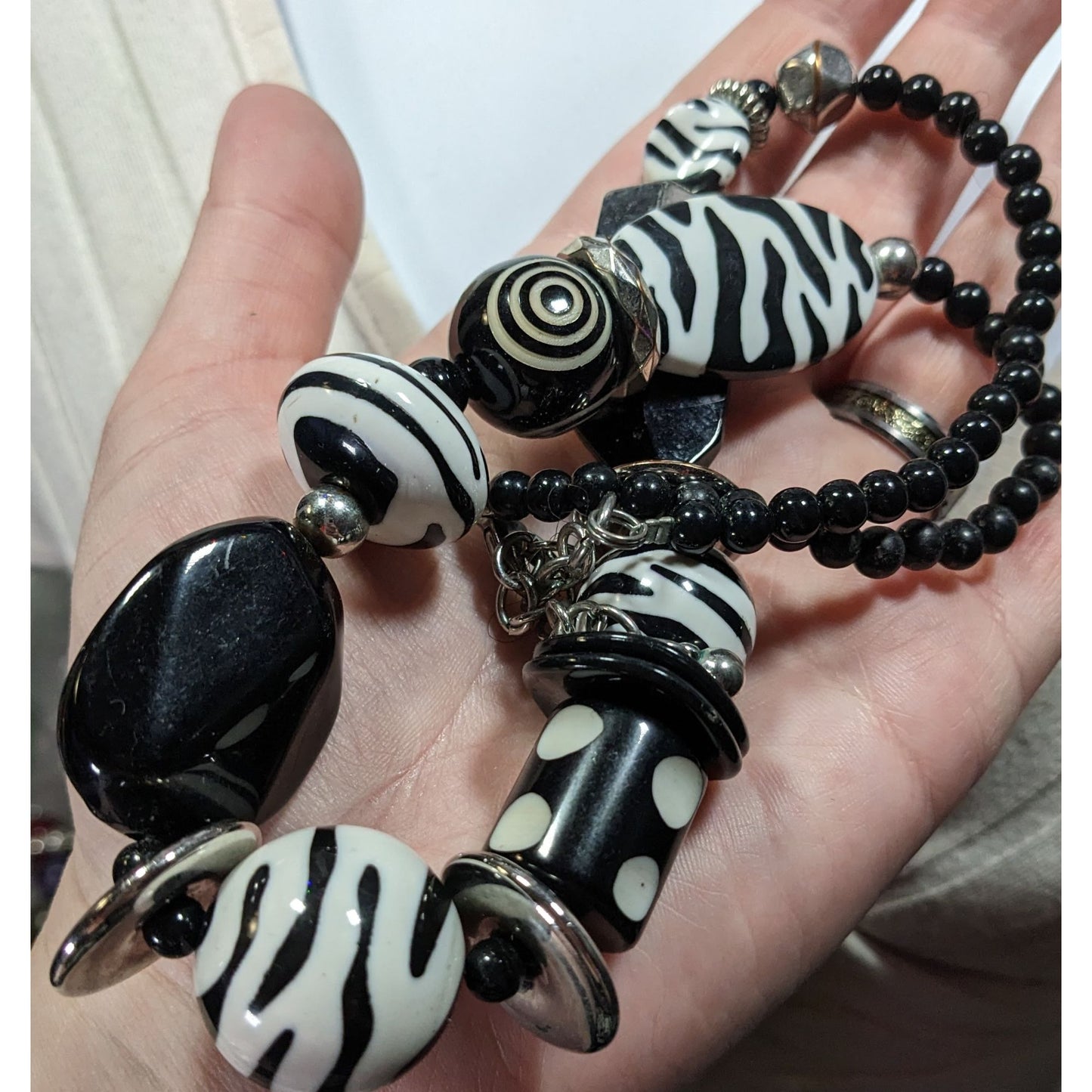 Funky 80s Style Black And White Geometric Pattern Beaded Necklace