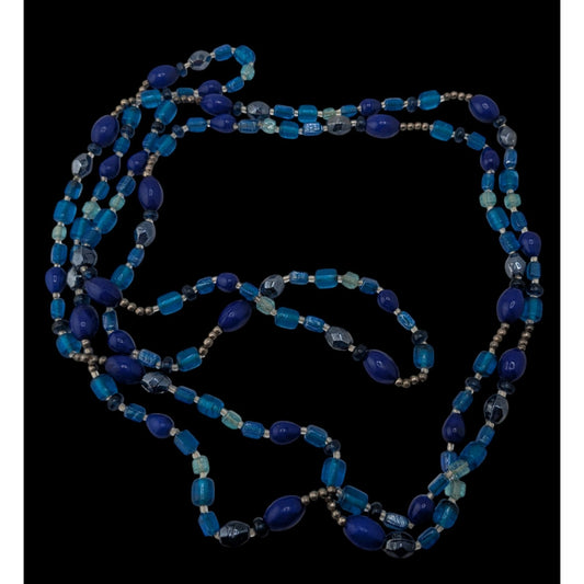 Boho Y2K Long Blue Glass Beaded Necklace Cobalt Aqua Mixed Beads