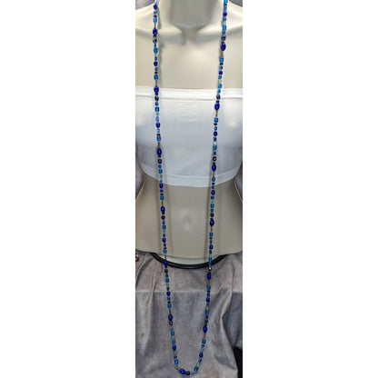 Boho Y2K Long Blue Glass Beaded Necklace Cobalt Aqua Mixed Beads