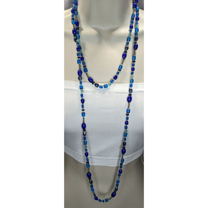 Boho Y2K Long Blue Glass Beaded Necklace Cobalt Aqua Mixed Beads