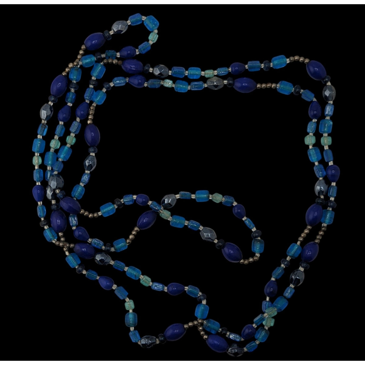 Boho Y2K Long Blue Glass Beaded Necklace Cobalt Aqua Mixed Beads