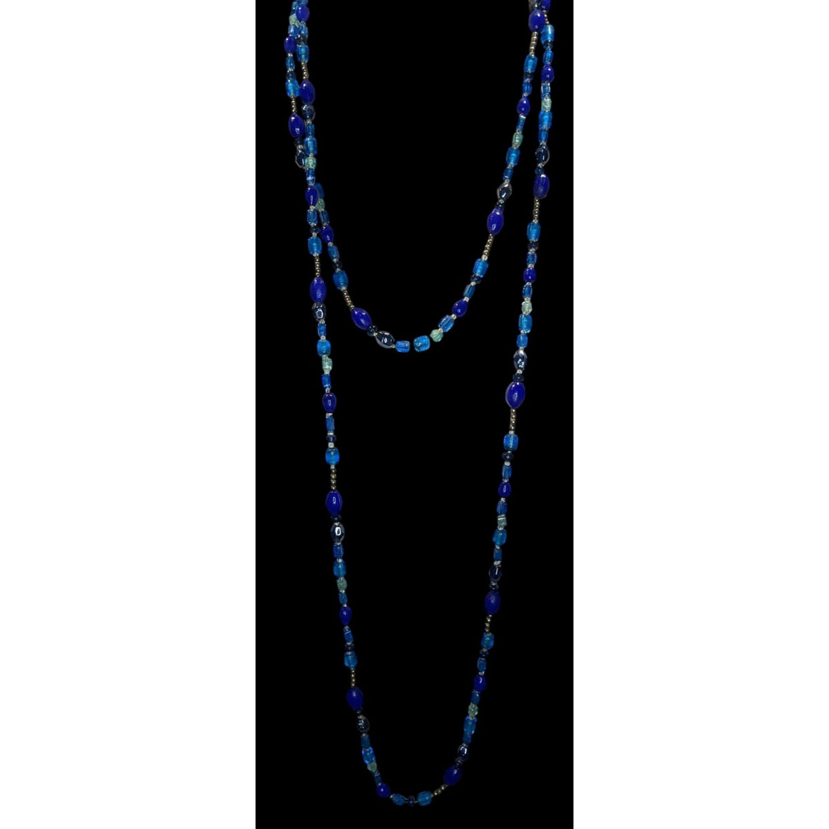 Boho Y2K Long Blue Glass Beaded Necklace Cobalt Aqua Mixed Beads