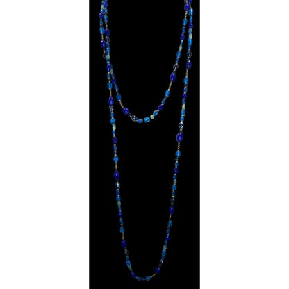 Boho Y2K Long Blue Glass Beaded Necklace Cobalt Aqua Mixed Beads