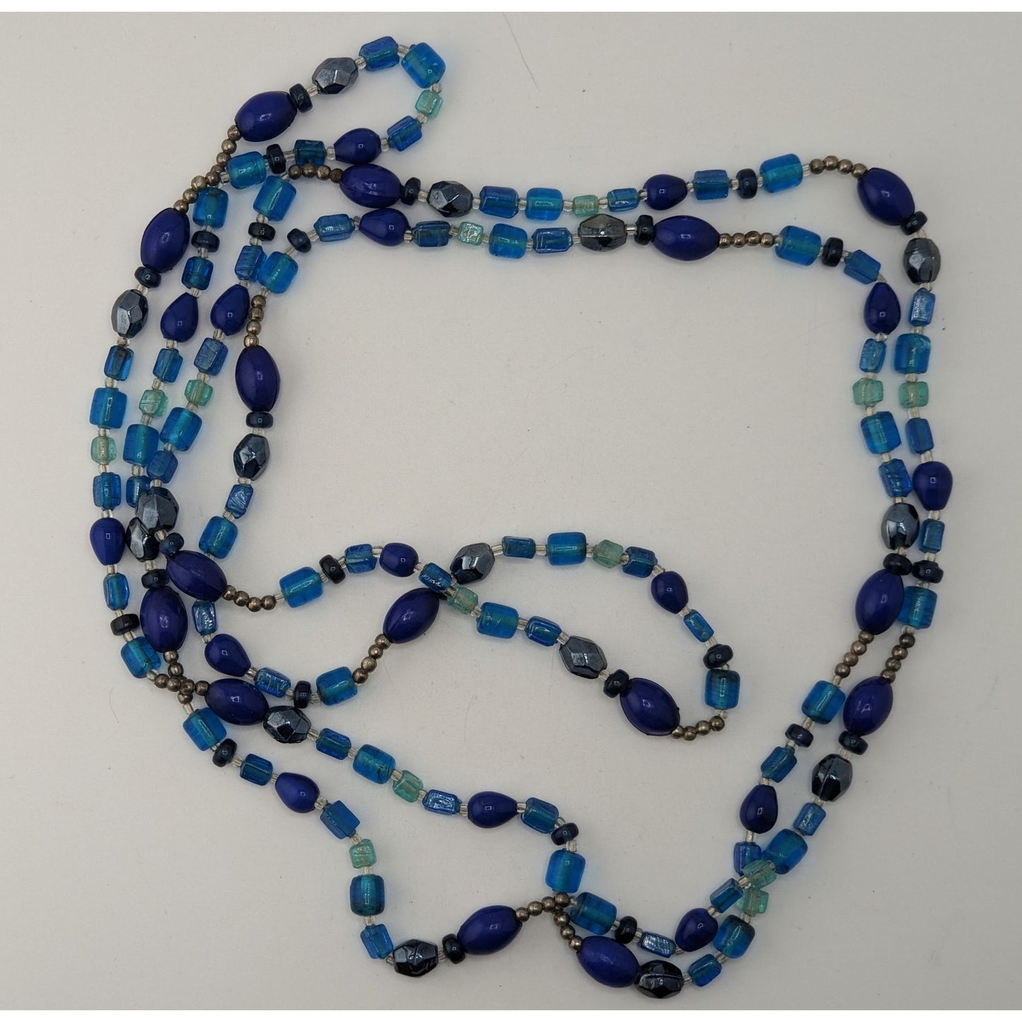 Boho Y2K Long Blue Glass Beaded Necklace Cobalt Aqua Mixed Beads
